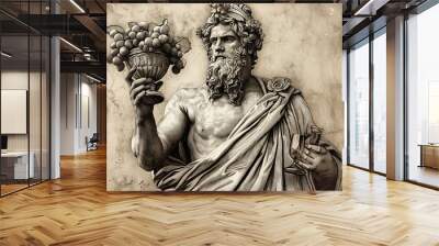 Engraved portrait of Bacchus the Roman god of wine who's father was Jupiter, the Greek equivalent is Dionysus, computer, black and white monochrome stock illustration image Wall mural