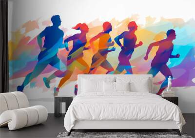 Female and male athlete runners doing a training exercise for a sports race event by jogging and running shown in a contemporary athletic abstract design, Generative AI stock illustration image Wall mural