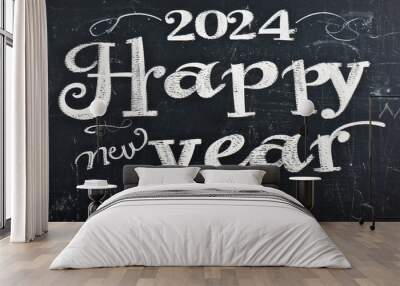 Happy New Year date handwritten in a chalk writing text script on a wooden black chalkboard background for a calendar, poster or greeting card, stock illustration image Wall mural