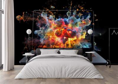 Laptop bursting with an explosion of vibrant technicolour colours causing computer stress and frustration through overwork and networking on the internet, Generative AI stock illustration image Wall mural