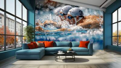 Male athlete swimmers doing a training exercise for a swimming sports race event by practising their competitive sport technique, sporting action stock illustration image Wall mural