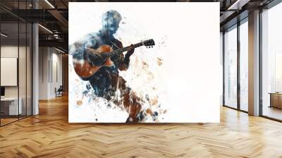 Male guitarist musician playing an acoustic guitar in an abstract music style distressed vintage watercolour painting for a poster or flyer, stock illustration image isolated on a white background  Wall mural