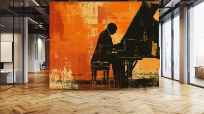 Male jazz or classical musician pianist playing a piano in a vintage abstract distressed style painting background for a poster or flyer, stock illustration image Wall mural