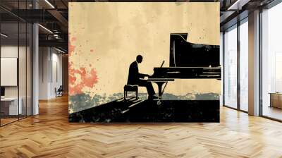 Male jazz or classical musician pianist playing a piano in a vintage abstract distressed style painting background for a poster or flyer, stock illustration image Wall mural