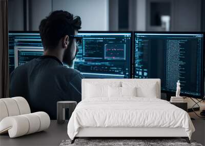 Male office worker browsing the internet on his computer in his workspace facing a virtual environment with big data and an artificial intelligence, computer Generative AI stock illustration Wall mural