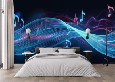 Melody flowing music wave  abstract background showing colourful music notes which are musical notation symbols, stock illustration image Wall mural