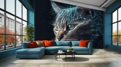 Neural network of a cat brain with big data and artificial intelligence circuit board in the head of a blue feline, outlining concepts of a digital brain, computer Generative AI stock illustration Wall mural