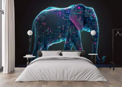 Neural network of an elephant with big data and artificial intelligence circuit board in the body of the animal, outlining concepts of a digital brain, computer Generative AI stock illustration photo Wall mural