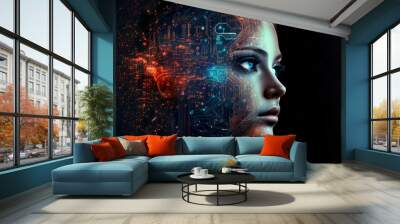 Neural network of big data and artificial intelligence circuit board in the head and face of a blue woman outlining concepts of a digital brain, computer Generative AI stock illustration image Wall mural