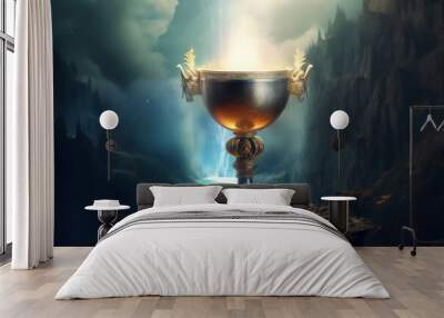 The Holy Grail is the chalice cup that Jesus Christ drank from at the Last Supper which has mystical powers according to the Arthurian legend , computer Generative AI stock illustration image Wall mural