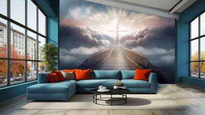 The road to the Kingdom of Heaven which leads to salvation and paradise with God with a cross showing the way, computer Generative AI stock illustration image Wall mural