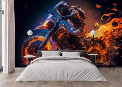 Watercolour abstract painting of an off-road motorcycle and rider where the motorbike is driving through fire and flames at an extreme sport event, computer Generative AI stock illustration image Wall mural