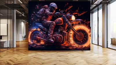 Watercolour abstract painting of an off-road motorcycle and rider where the motorbike is driving through fire and flames at an extreme sport event, computer Generative AI stock illustration image Wall mural