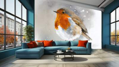 Watercolour of a robin redbreast (Erithacus rubecula) bird in the winter snow, a British European garden songbird often found on Christmas greeting cards, computer Generative AI stock illustration Wall mural