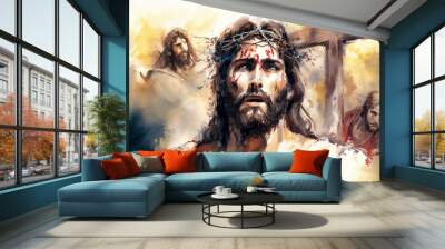 Watercolour painting of the passion of Jesus Christ at the crucifixion and before ascending to Heaven to be with God celebrated as Easter Good Friday, Generative AI stock illustration image Wall mural