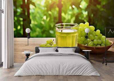 Green Grapes fruit, with a glass grape juice, on a wooden table Generative AI Wall mural