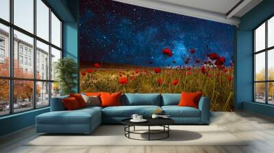 Poppy Fields under a starry night. Wall mural