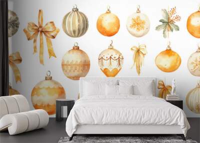 set of christmas balls and decorations orange yellow watercolor vectors Wall mural