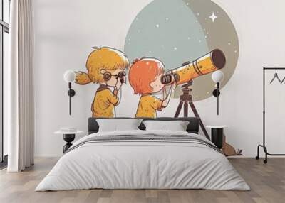 Two kids playing with a telescope illustration Generative AI Wall mural