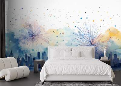 Watercolor fireworks over city skylines during New Year's celebration background design Wall mural