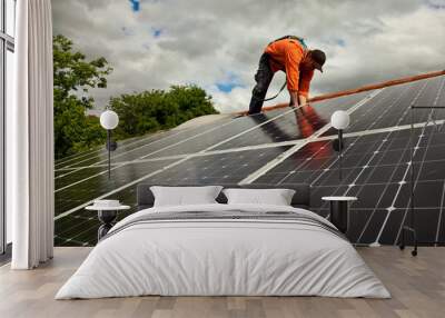 Electrician checking solar panels on roof Wall mural