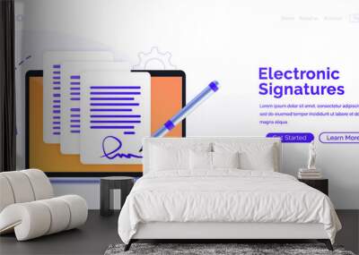 Electronic contract or digital signature concept in vector illustration. Signing an electronic contract online. Website template or web page layout. The working process.  Wall mural