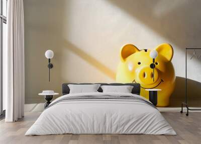 Cheerful Yellow Piggy Bank in Sunlit Corner with Copyspace Wall mural