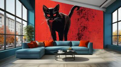 Spooky Black Cat Halloween with Eerie Red Background  Haunting supernatural and ominous Halloween themed image featuring a black silhouette of a cat against a vivid red background with a haunting Wall mural