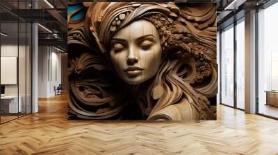 The art of woodcarving, carved image of a woman's face. picture of art design. Generative AI. Wall mural