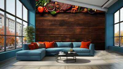 The Beef with a Set of Dishes for Grilling, grilled beef sizzles tantalizingly on vintage old wooden table, Accompanied by an array of complementary side dishes such as fresh vegetables. Wall mural