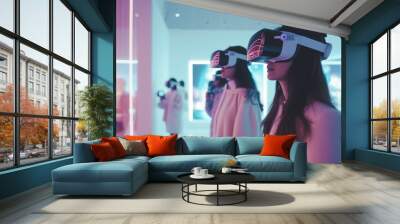 Two women wearing immersive virtual reality headsets exploring a futuristic digital world of entertainment and simulation  The VR technology offers a fully immersive and interactive experience Wall mural