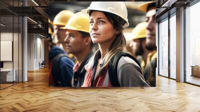 Women construction workers and architects together in hard hats. workers for safety. USA Labor Day celebration. Generative AI. Wall mural