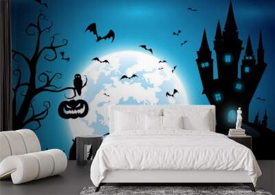 illustration background,festival halloween,full moon on dark night with many ghost and devil walking to castle for celebration halloween day Wall mural