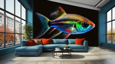 Neon tetra glowing black background, concept of Vivid Colors and Electric Illumination, created with Generative AI technology Wall mural