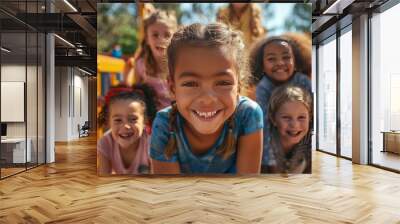 A diverse group of children playing together in a playground, expressing joy and camaraderie Wall mural