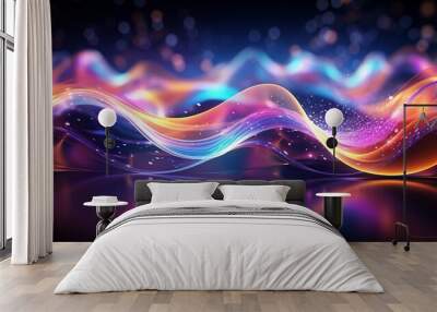 Abstract glowing waves and lighting particles with black background Wall mural