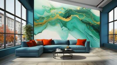 Abstract marble waves painting with crushed gold. Made in fluid art style. Wall mural