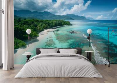 Aerial wiev of a coast in Seychelles Wall mural