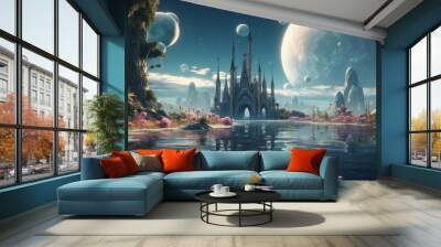 fantastical landscape featuring a gothic castle surrounded by water with blooming flowers, mountains and large planets in the sky Wall mural