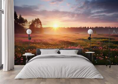 spring meadow in the morning at sunrise Wall mural