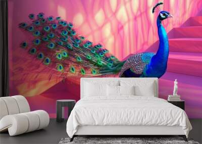 A blue and green peacock stands on a pink staircase Wall mural