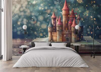 A book is open to a page with a castle on it Wall mural