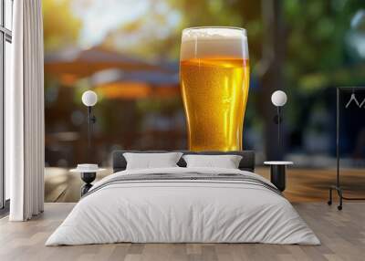 a glass of beer on the wooden table bokeh style background Wall mural