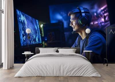 a happy gamer man wearing headphones is using a computer at night with Generative AI Wall mural