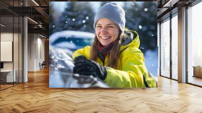 a happy woman in winter clothes cleaning solar cell in winter Wall mural