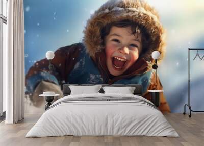 a young boy riding a snow sled in the winter bokeh style background Wall mural