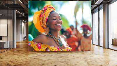 african woman in the traditional dress dancing on the beach bokeh style background Wall mural