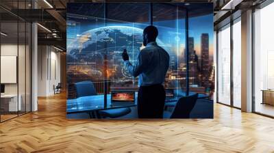 businessman presenting business plans in digital boardroom with Generative AI Wall mural