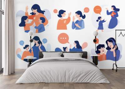 Hand Drawn mother and child talking happily in flat style Wall mural