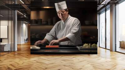 Japanese Chef making sushi in a luxury restaurant with Generative AI Wall mural